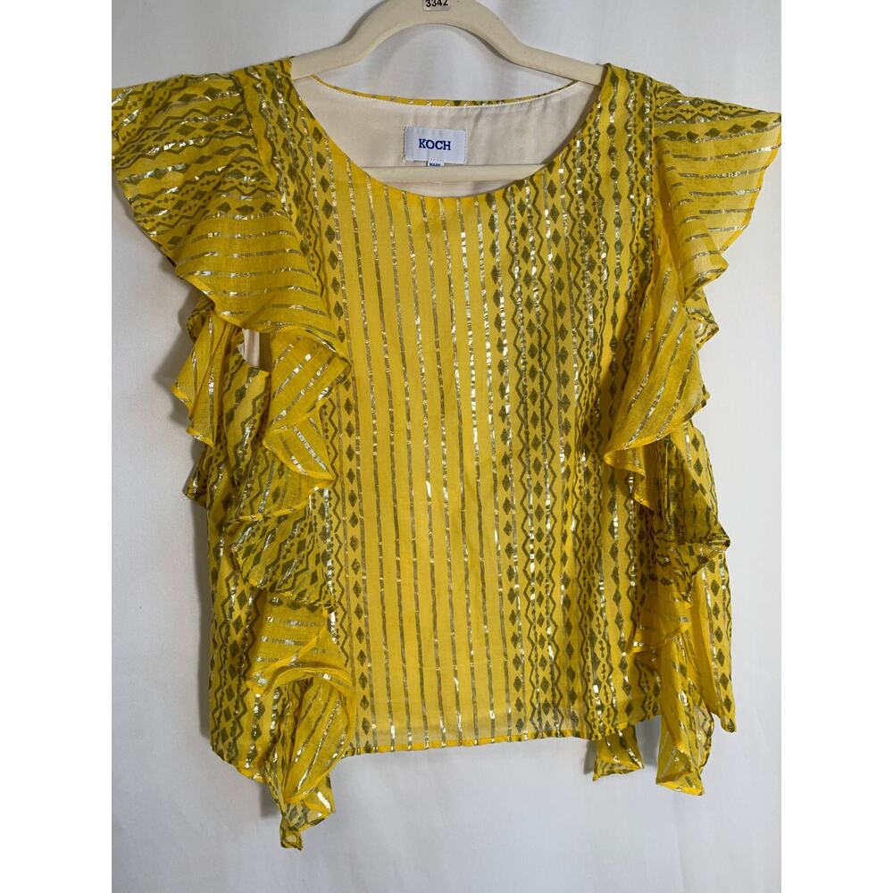 Koch Yellow Metallic Stripe Ruffle Sleeveless Top Sz S"P:."{